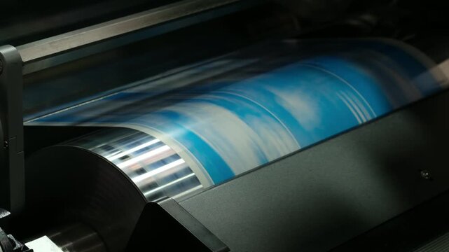Large industrial offset printing machine prints image on packaging film. tech industrial technology background