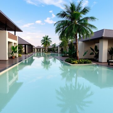 Moderner Resortweg mit thail&auml;ndischer Architektur und Wasserbecken