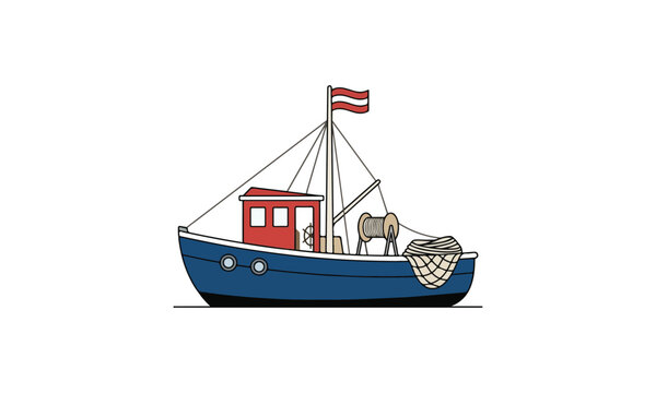 Flat vector illustration of a small fishing boat with a blue hull and red cabin isolated on white background