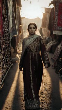 Persian Woman Walking Through Ancient Bazaar in Iran at Sunset
