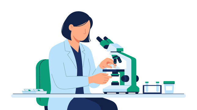 Scientist working with microscope in laboratory, transparent background