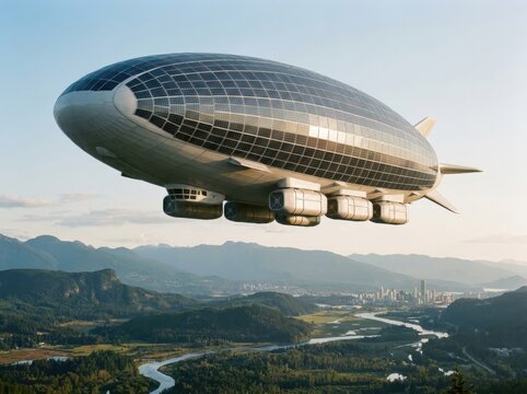 Zero-carbon cargo transport blimp soaring over rolling green hills at sunset