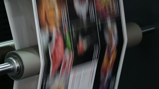 Large industrial offset printing machine prints image on packaging film. tech industrial technology background