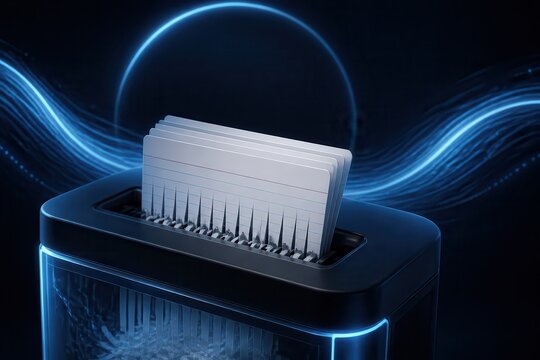 Document Shredder with Confidential Papers in Futuristic Blue Light