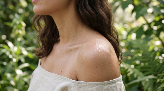 Close up view of a woman with radiant glowing skin wearing an off-shoulder linen top standing in a lush green botanical garden during a bright sunny day