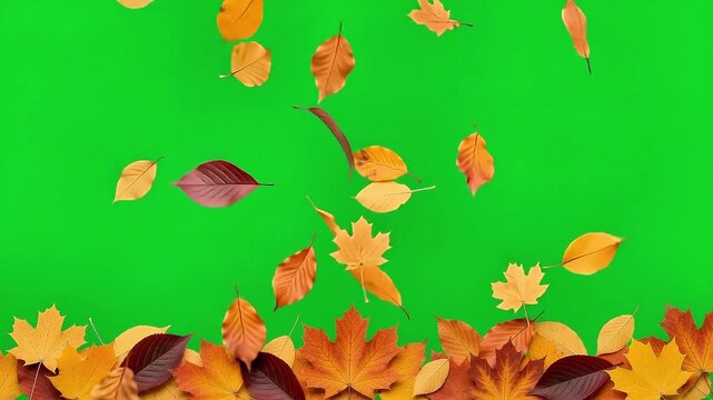 Autumn leaves falling and piling up on a vibrant green screen background for seasonal design with floating down accumulating