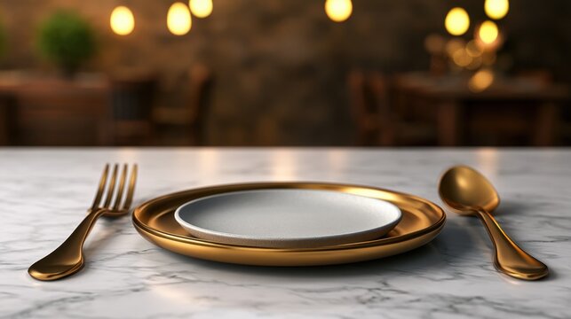 Elegant table setting with gold plate and cutlery on marble surface against softly illuminated restaurant background for dining and hospitality themes
