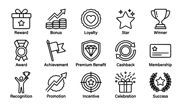 Benefit reward bonus loyalty award winner editable stroke outline icon set