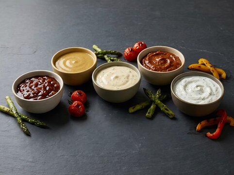 Five small bowls with different colorful dips and sauces served with fresh asparagus on dark table. Easy BBQ dips