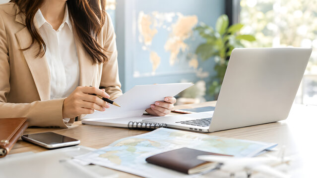 Professional travel agent reviewing documents with laptop and world maps on wooden desk in sunlit office workspace during international trip planning