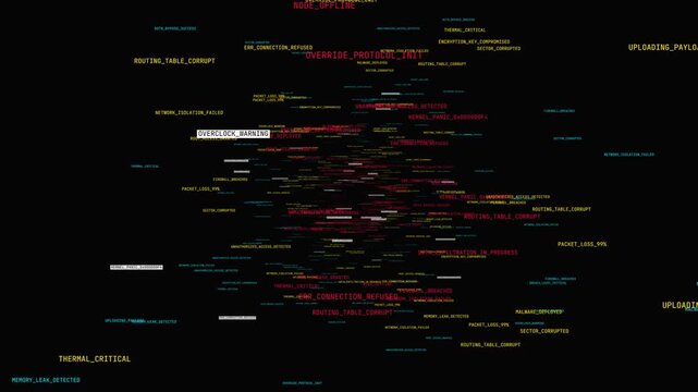 Digital code hacking stream with flickering system logs and unauthorized access alerts on black background for cybersecurity overlays