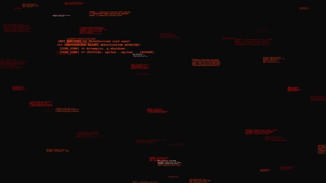 Red digital computer code stream flickering horizontally with hacking log data on black background