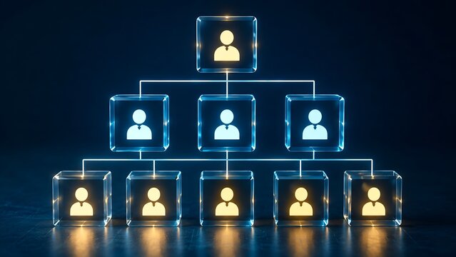 Futuristic glowing organizational chart with user avatars representing corporate hierarchy management structure and team delegation