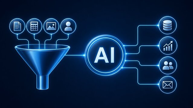 Artificial intelligence data processing funnel demonstrating automated analytics machine learning and information transformation