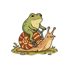Cute Frog Riding a Snail Cartoon Vector Illustration © Imaginaria visuals