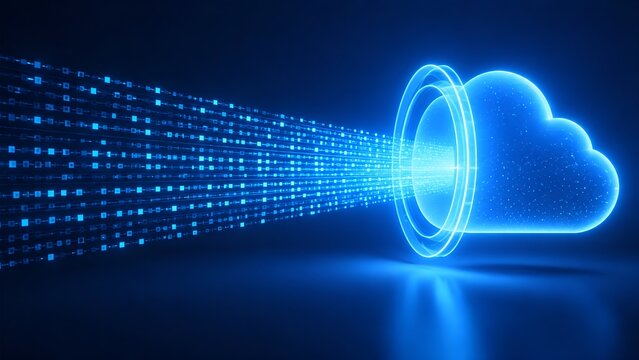 Glowing neon cloud symbol absorbing digital data stream in abstract cyberspace representing futuristic cloud computing and secure data transfer