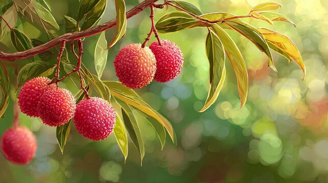 Fresh lychees growing in clusters along a tree branch in a lush tropical garden, illuminated by gentle morning sunlight and surrounded by vibrant natural greenery
