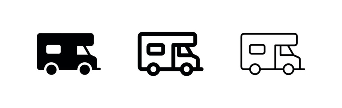 RV or camper van icon in three styles: solid, outline, and line art. Recreational vehicle for travel and camping.