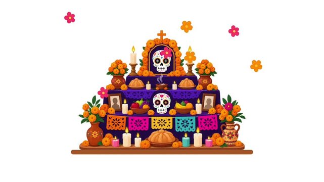 Animated Mexican Day of the Dead Altar with Sugar Skulls, Marigold Flowers, Candles, and Floating Petals, Suitable for Cultural Celebrations, Holiday Greetings, Motion Graphics, and Festive Videos