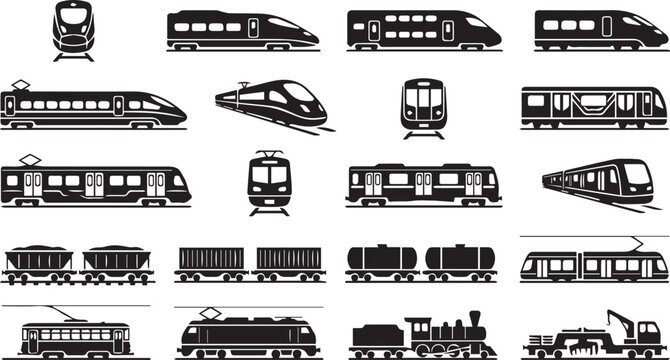 Train locomotive railway transport black silhouette icon set vector