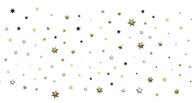 Abstract background featuring a pattern of gold, silver and black stars against a white backdrop. Perfect for holiday th