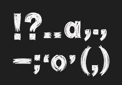 White chalk hand-drawn punctuation symbols and letters on transparent alpha, ideal for design projects, educational content and creative websites.