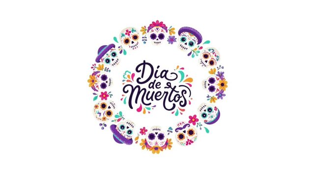 Colorful Dia de los Muertos Animated Floral Skull Wreath with Decorative Celebration Lettering &ndash; Suitable for Mexican Holiday Greetings, Cultural Posters, Invitations, Events and Social Media