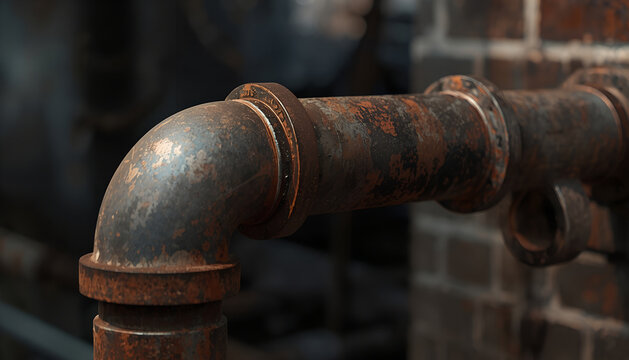Old rusty metal pipe connected to brick wall