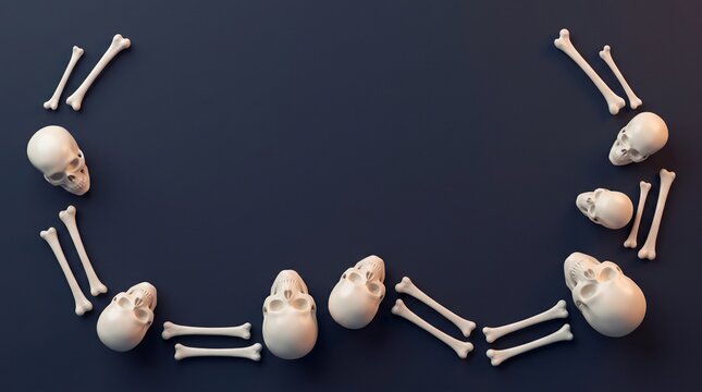 Small human skulls and bones arranged in a curved border pattern on a dark black background