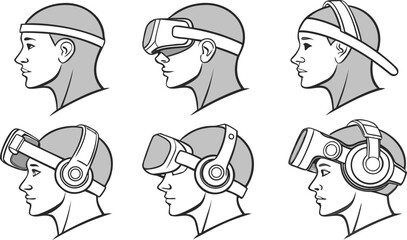 Fototapeta premium Set of six black and white line showing human heads wearing various virtual reality headsets and headphones, side profiles