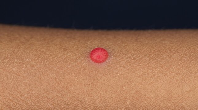 Extreme close up of a bright red cherry angioma or raised skin blister on human skin