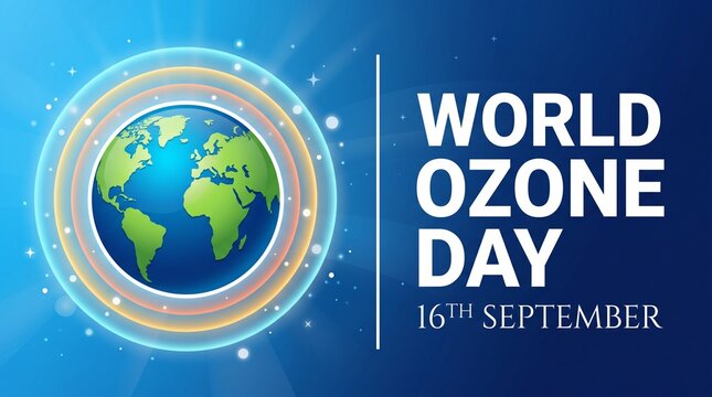 World Ozone Day 16th September banner, Earth globe with protective atmospheric layers, environmental awareness concept on blue background