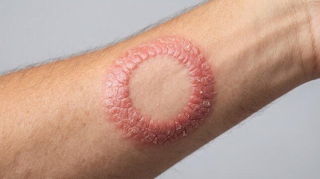 Close up of a circular red scaly rash on an arm indicating ringworm or Lyme disease
