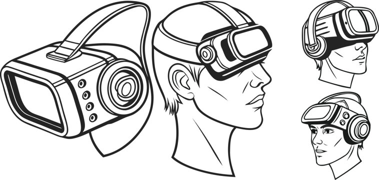 Set of line featuring a standalone virtual reality headset and profiles of people wearing vr goggles, black and white