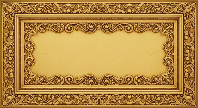 A magnificent golden rectangular frame displays elaborate traditional carvings with rich vintage textures, creating an opulent boundary for luxury artistic presentations and historic designs