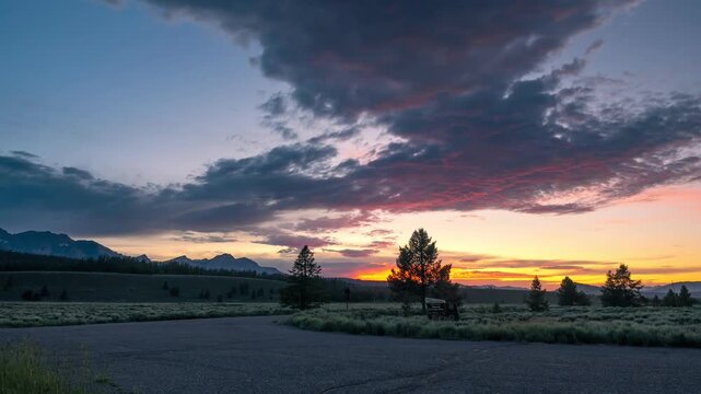 View of sunset over the Sawtooth Mountains with silhouettes of pine trees and a paved road in the foreground in Stanley, Idaho, United States.