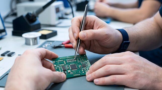 Technician holding tweezers to assemble a printed circuit board in a lab
