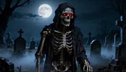Naklejka premium Hooded skeleton with glowing red eyes in foggy graveyard under full moon