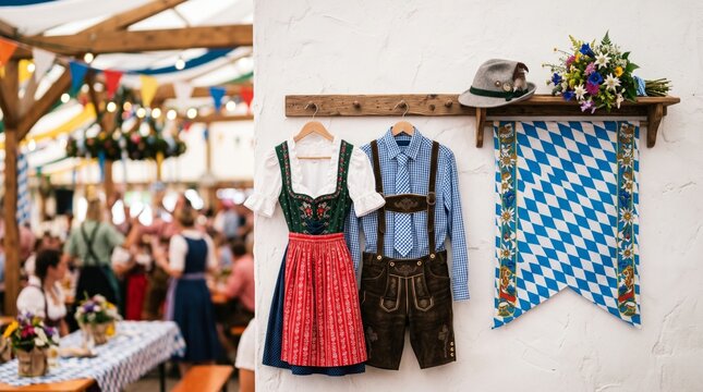 Traditional Bavarian dirndl and lederhosen displayed at a festive Oktoberfest celebration with decorations