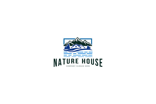 Nature house logo featuring a mountain landscape with trees and cabin illustration in blue and black colors on a white background