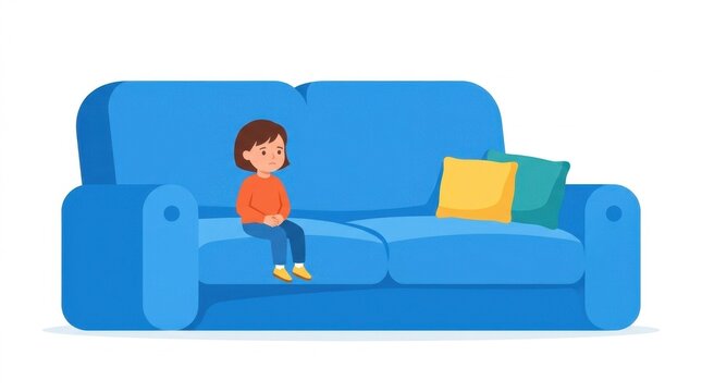 Lonely little girl sitting alone on a large blue sofa