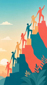 Stylized illustration of a team helping each other climb mountain steps for growth and success