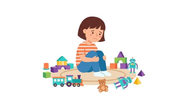 Sad little girl sitting alone on a rug surrounded by toys