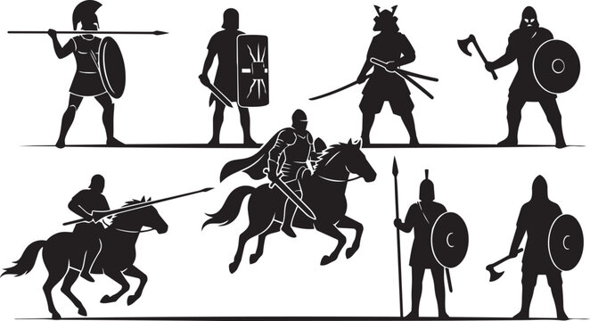 Black silhouettes featuring various ancient warriors like knights samurai romans and vikings standing and riding horses in dynamic combat poses