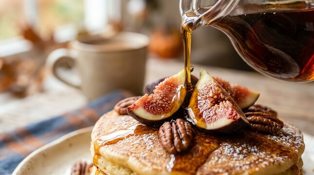 Sweet maple syrup pouring onto fluffy pancakes with fresh figs and pecans for breakfast