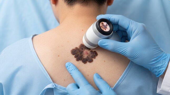 Doctor in blue gloves examining large irregular melanoma on patient's back with dermatoscope, skin cancer diagnosis