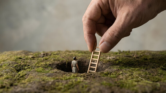 Hand placing miniature ladder into ground for tiny figure.