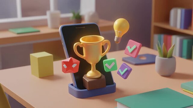 3D Cute Isometric Smartphone on Study Desk with Popping Trophy, Lightbulb, Star, and Checkmark Icons for Educational Gamification