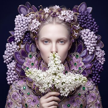 Surreal Artistic Portrait of Woman Covered in Amethyst Agate and Purple Lilac Floral Crown