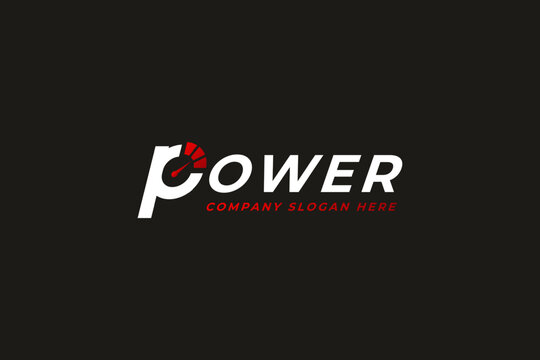 Company logo design featuring the word power in bold white typography with a speedometer graphic element on a dark background